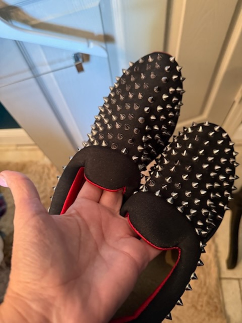 Black Studded Slip-On Flats with Red Trim